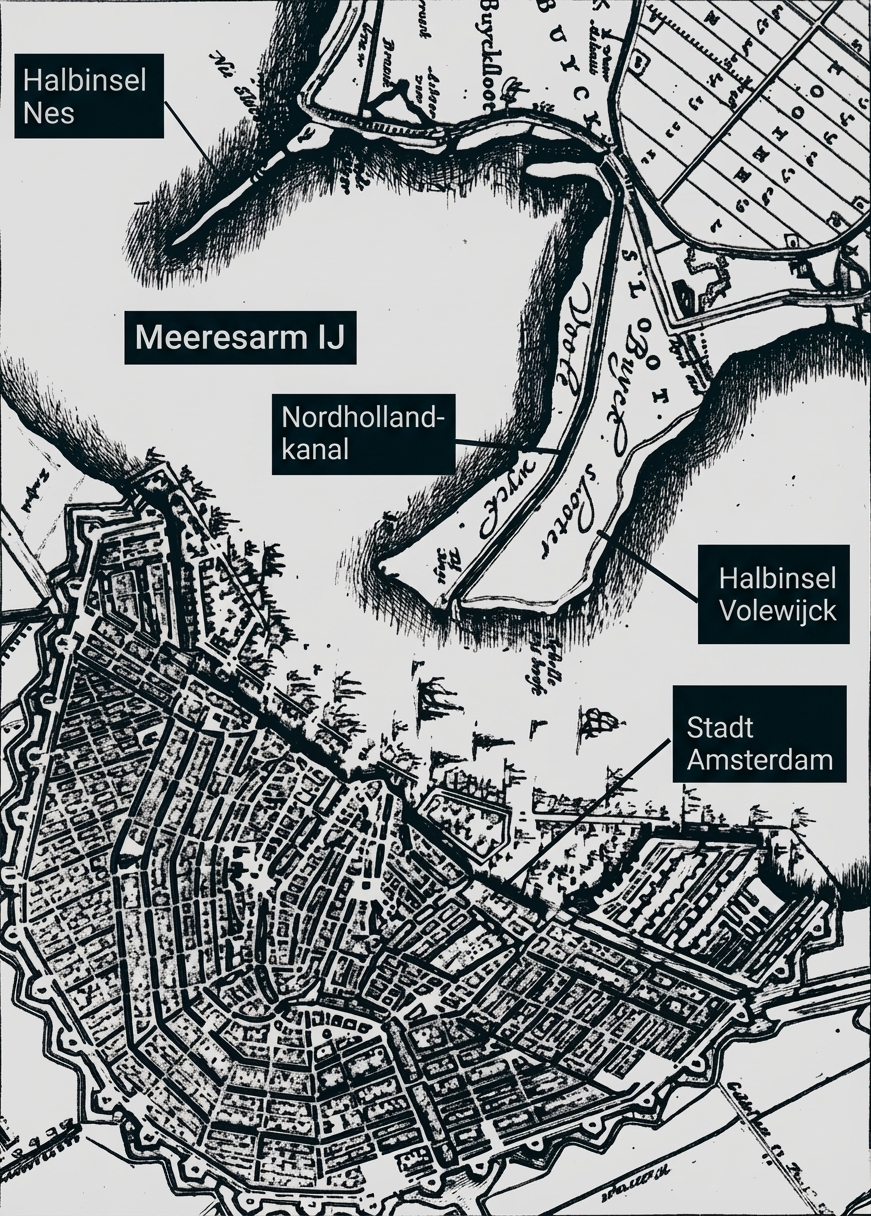 Alte Karte von Amsterdam mit Stadt, Meeresarm IJ, Nordhollandkanal und Halbinseln.